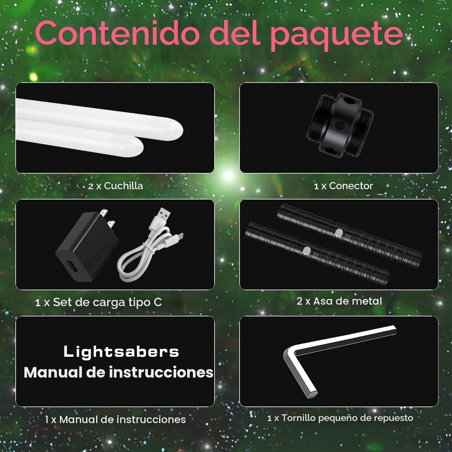 Oueyes Sables de luz con empuñadura de metal para duelo, sables de luz RGB de 16 colores, sonido FX, hoja doble, espada recargable para niños y adultos, regalo para cumpleaños, Acción de Gracias