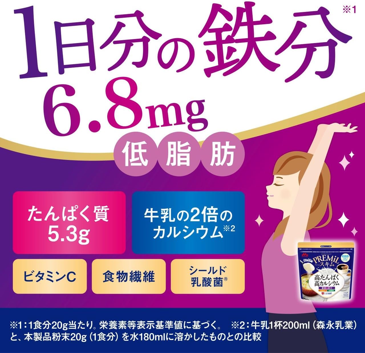 PREMiL Morinaga Milk Industry Skim (Premiere Skim) (Low Fat, High Protein, Calcium, Iron, Vitamin C, Dietary Fiber, Shield Lactic Acid Bacteria) 5.6 oz (160 g) x 2 Packs
