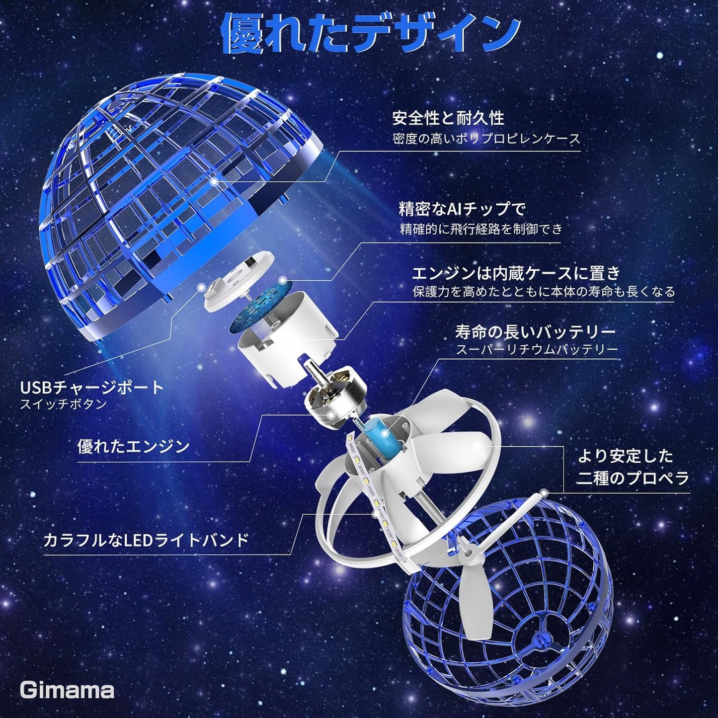Gimama Flying Ball, Gyro, Flying Ball Toy, UFO Toy, Boomerang Spinner with LED Light, Popular Christmas Gift (Blue)