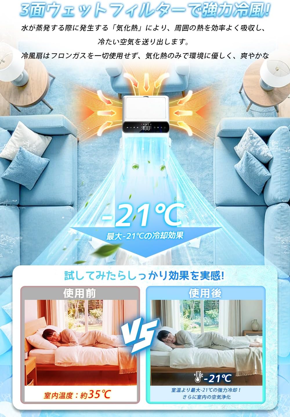 Cooling Fan (2026 Latest Evolution & 3 Directions for Water Absorption & Convenient Drainage) Cooling Fan, Powerful, Spot Cooler, 2.2 gal (10 L) Large Capacity, Negative Ion Generation, 3 Modes, 3 Air