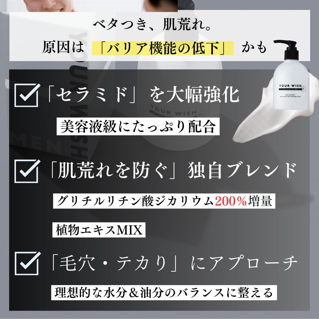 YOUR WISH Men's Luxury All-in-One Gel, Large Capacity, Pump, Sensitive Skin, Prevents Rough Skin, Highly Moisturizing, Fragrance-free, Nano-Liposome Ceramide Luxurious Formulation, Made in Japan