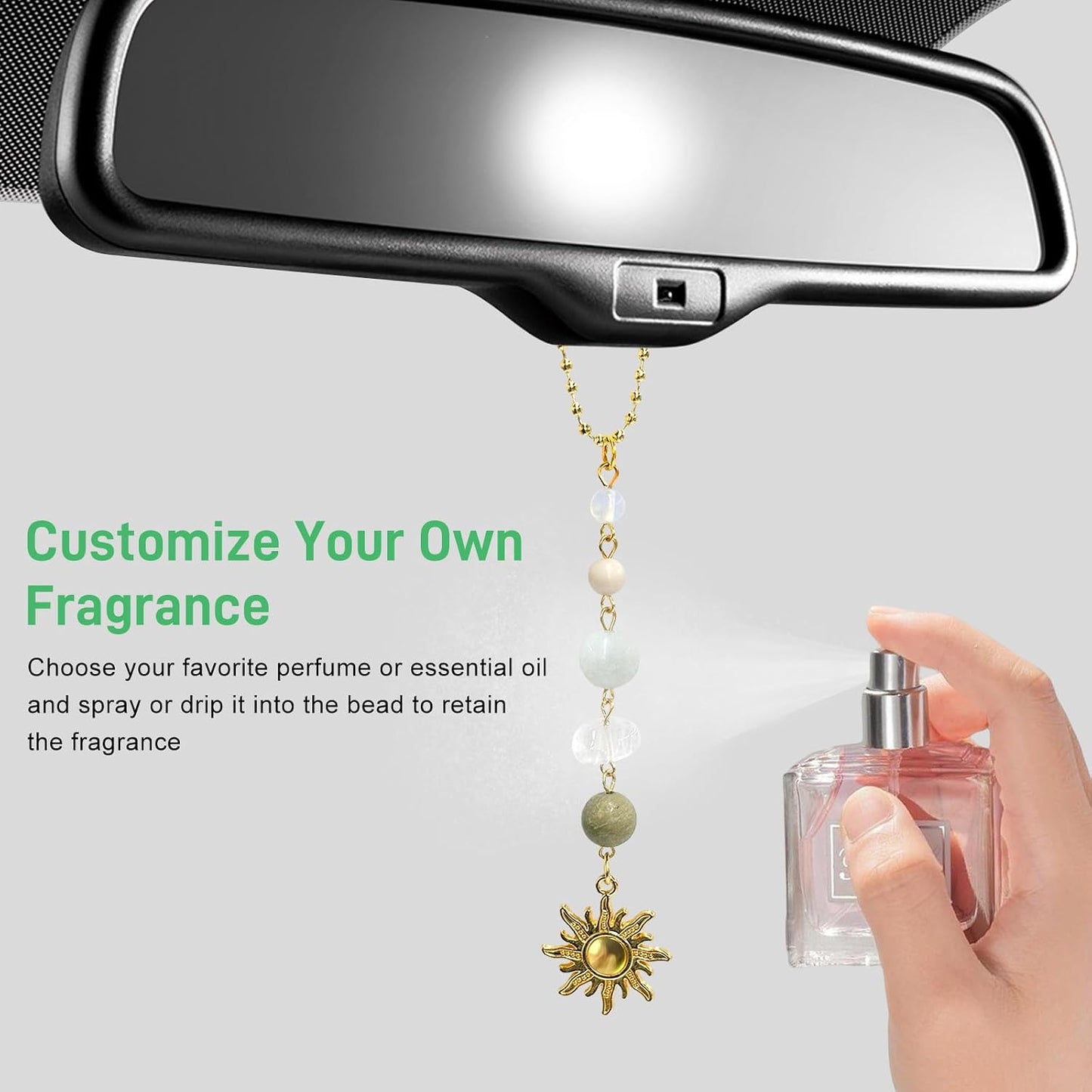 Sun Hanging Car Charm, Cute Boho Dangling Auto Rear View Mirror Pendant Sun Decor, Handmade Vehicle Mirror Hanging Ornament with Healing Crystals Stones for Women Men (Green)