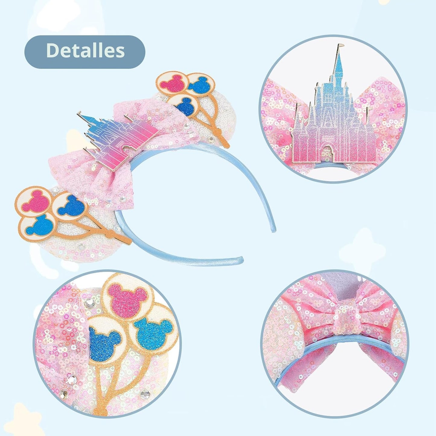 LYLIN Diadema de orejas de ratón, orejas de ratón rosas con lazos de castillo para mujeres y niñas, accesorios para el cabello, orejas de princesa, orejas de parque, viajes, fiesta, cosplay, accesorios de disfraces (castillo rosa)