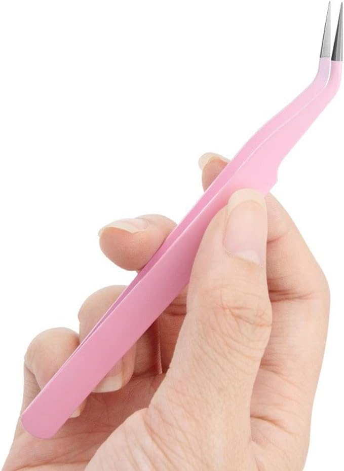 Samcos Eyelash Tweezers Pink Straight Stainless Steel Fine Work False Eyelash Tweezers Set of 2