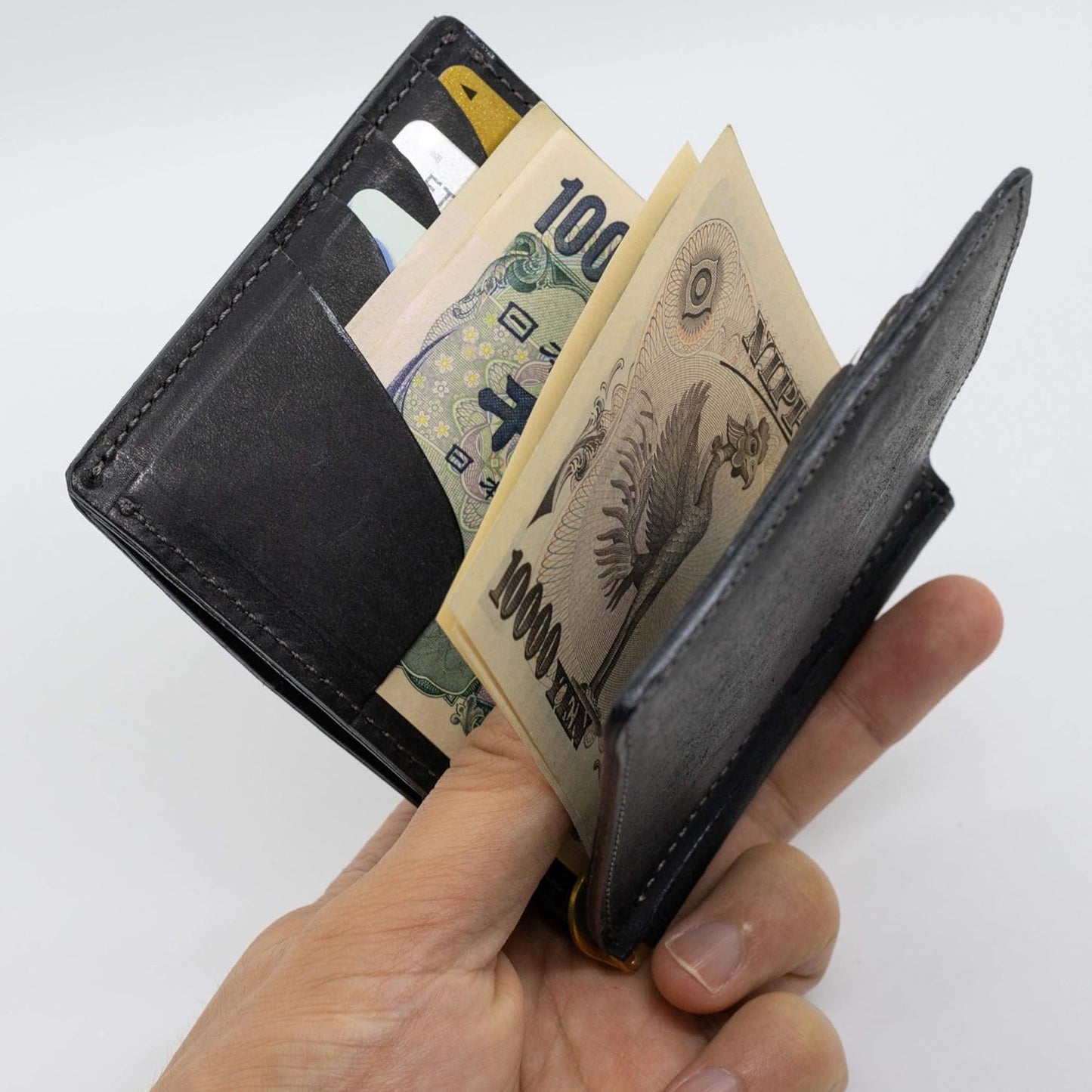 Hizu Factory Pueblo Genuine Leather Money Clip (with Coin Pocket) Made in Japan Artisan Handmade, Black