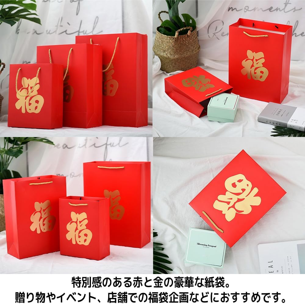 FUPUONE Fukubukuro Bag, Fuku Paper Bag, Hand-held, Large, Medium, Small, Red Bag, 12 Pieces (Medium)