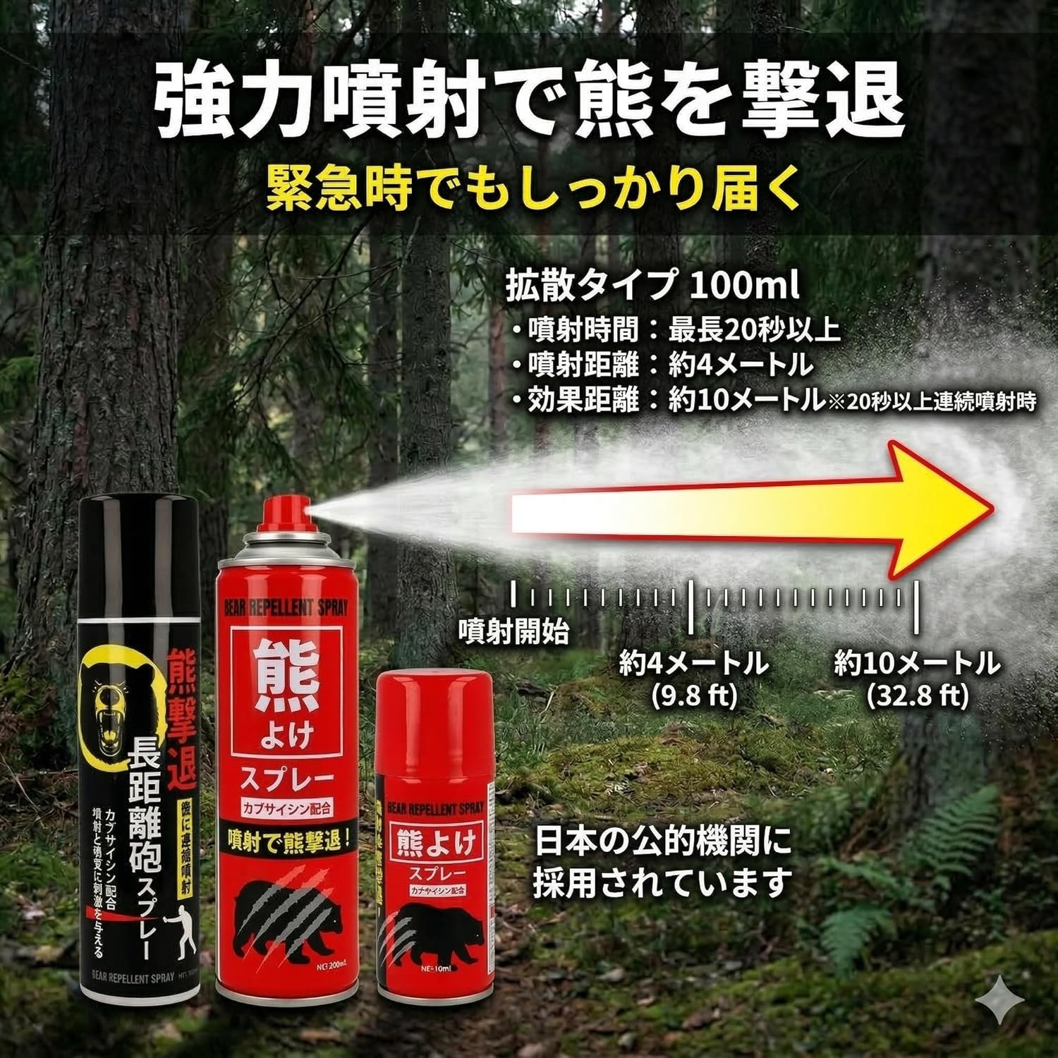 (Bear bell and spray for peace of mind when mountaineering. Bear Repellent Spray, Bear Bell Set, Capsaicin Blend, Strong, Spray Distance, Approx. 13.8 - 32.8 ft (4 - 10 m), For Self-Defense, Mountain