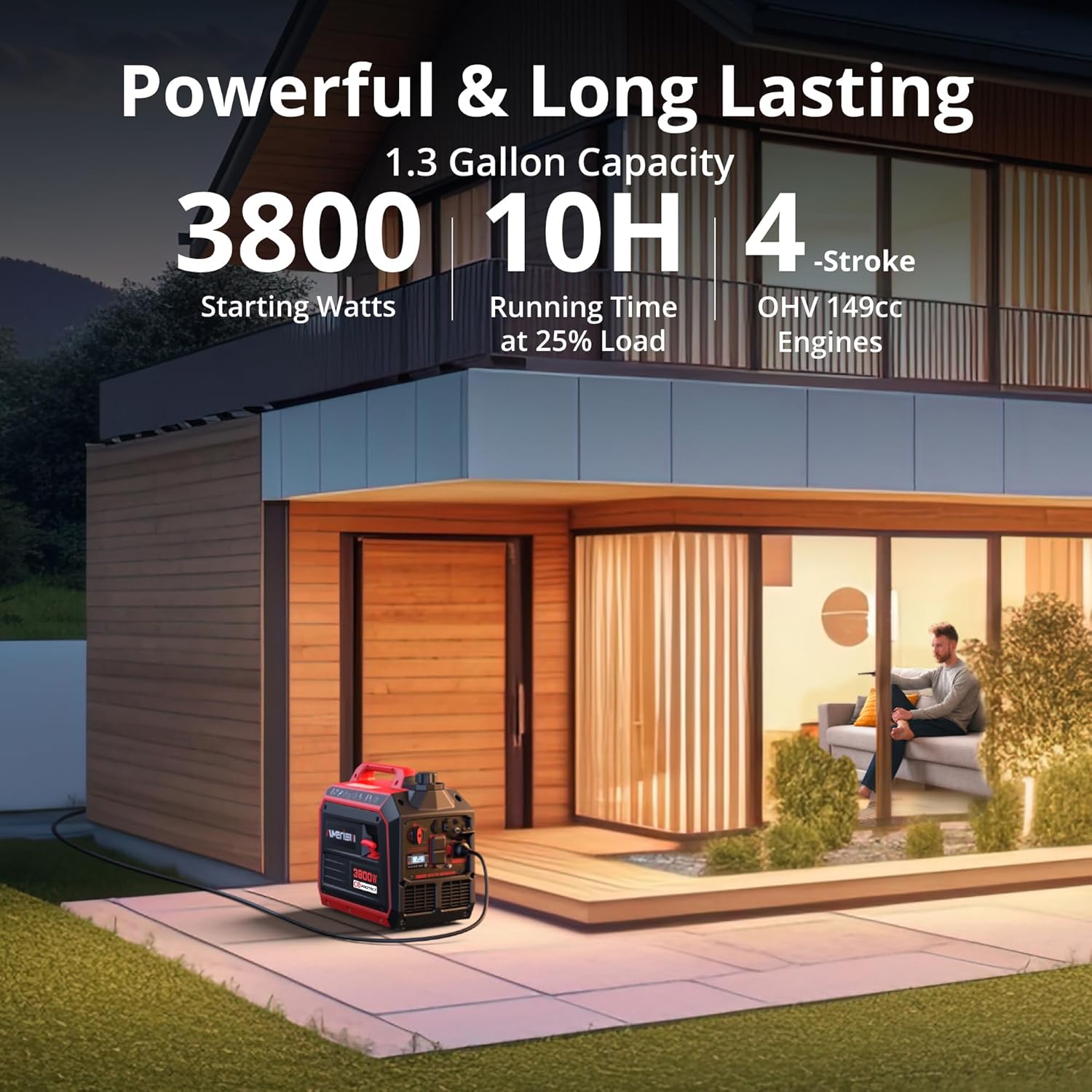 3800W Gas Powered Portable Inverter Generator with CO Sensor Gas Generator ECO Mode Digital Display Parallel Support EPA Compliant Long Working Time Camping Tailgate Home Quiet Lightweight