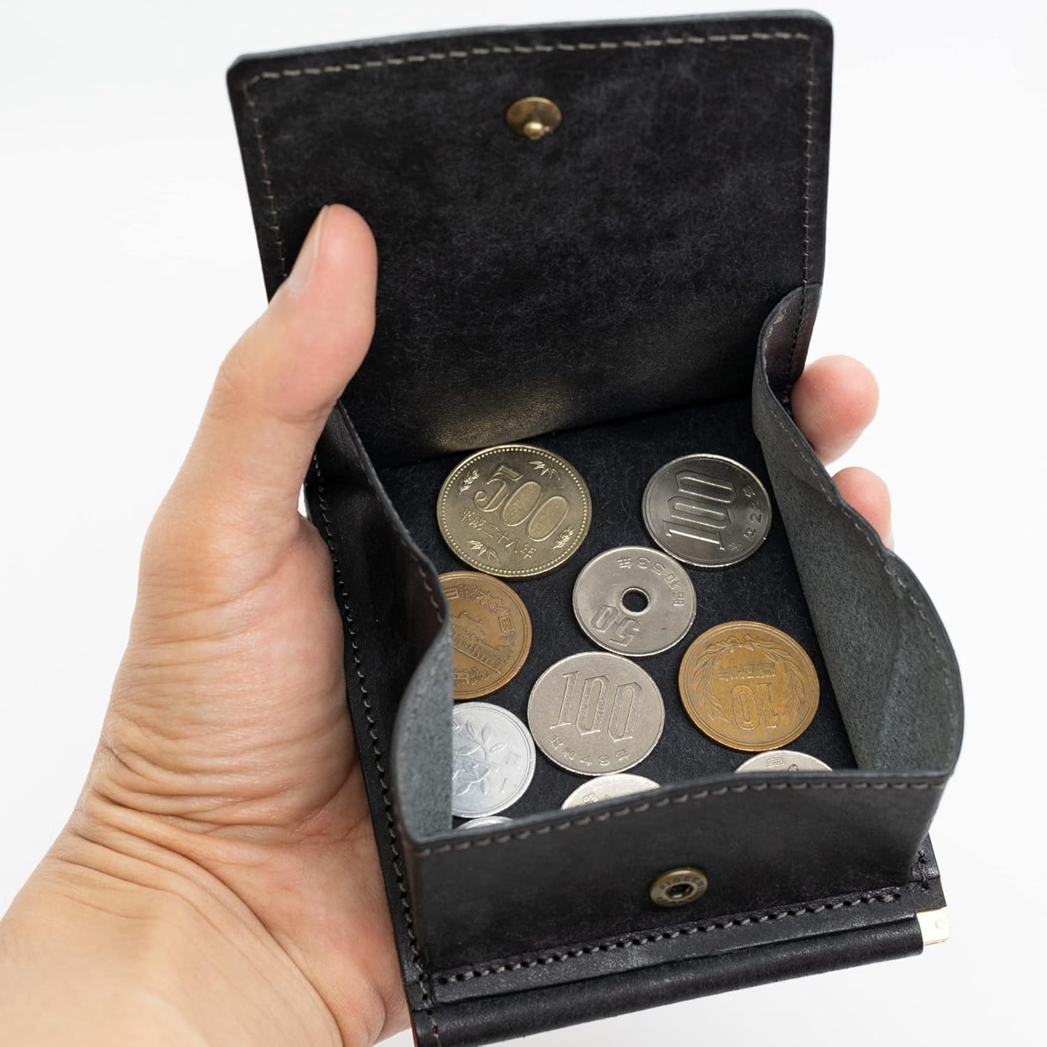 Hizu Factory Pueblo Genuine Leather Money Clip (with Coin Pocket) Made in Japan Artisan Handmade, Black x Publo