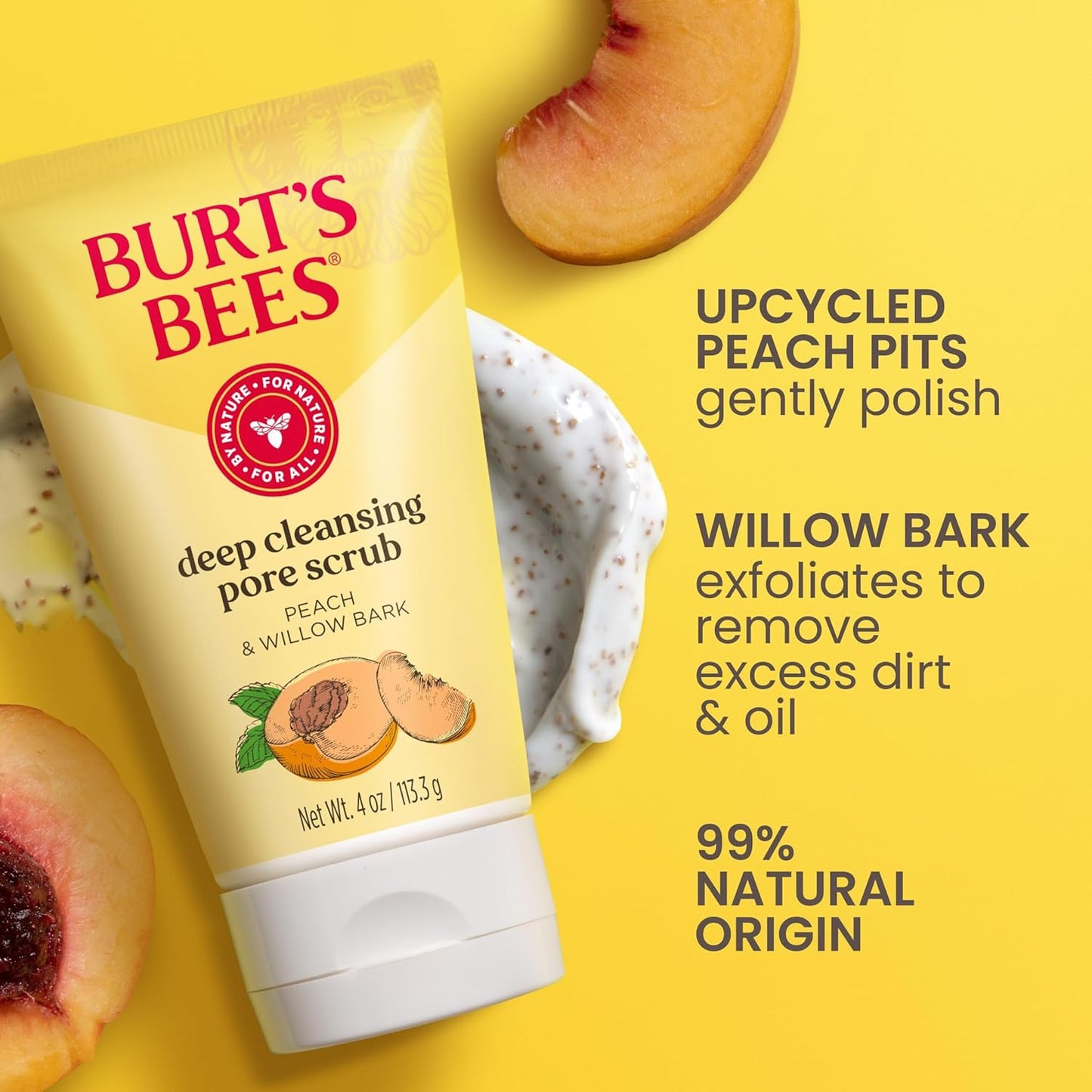 Burt 's Bees paquete de 3 frascos de 4 onzas de exfoliante de durazno y corteza de sauce para poros