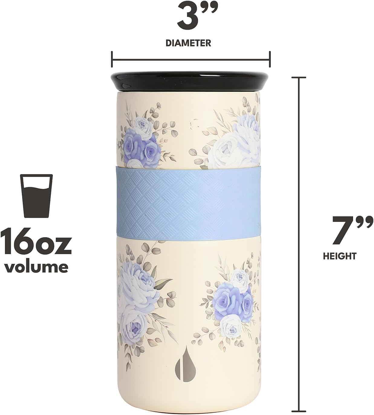 Elemental Vaso aislado artesanal, taza de viaje para café de triple pared, reutilizable, de acero inoxidable, con tapa de cerámica, tazas de café térmicas para bebidas calientes (6 horas) y frías (18 horas), 16 onzas, flores azules