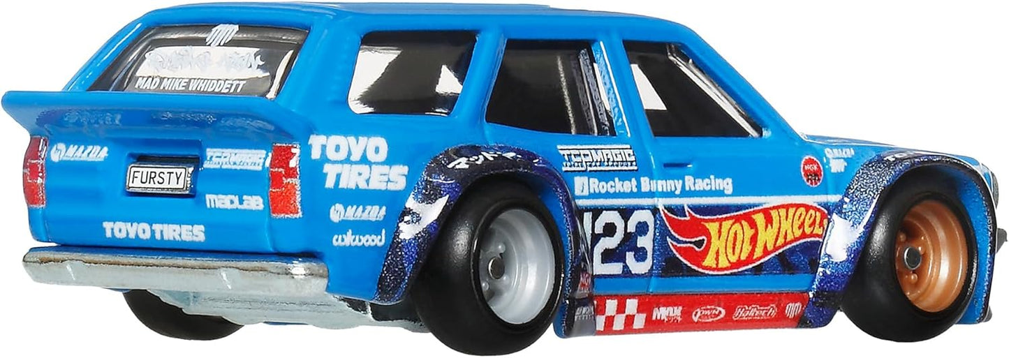 Hot Wheels Car Culture Ronin Run II Mad Mike Mazda RX-3 Wagon/Lemur Ride-On Toy Mini Car, Ages 3 and Up, Blue JBK50