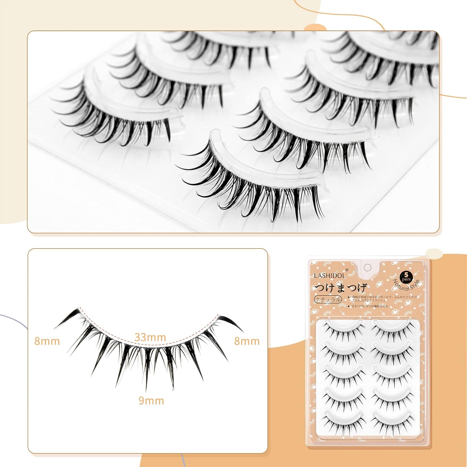 LASHIDOL Natural False Eyelashes, Corner of Eyes, Thin Transparent Axis, Handmade, Natural (manga lash no.03)
