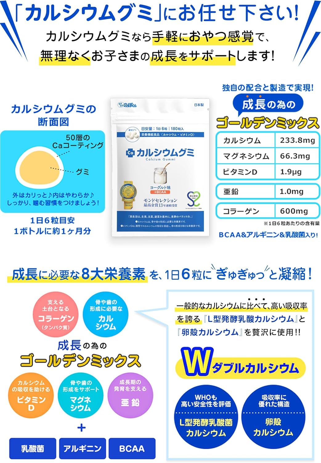 Growth Phase Supplement, For Kids, Calcium, Gummy, Yogurt Flavor, 30 Days Per Bag, Growth, Height, Nutrition, Protein, Vitamin D, Zinc, Arginine, Made in Japan, Susk no Piku-kun No Artificial Sweeteners, Functional Food