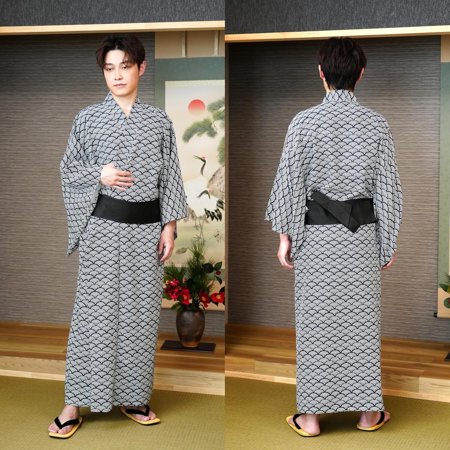 Clear Stone Cosplay, Halloween, Men's Kimono Set, Blue Sea Wave, Navy