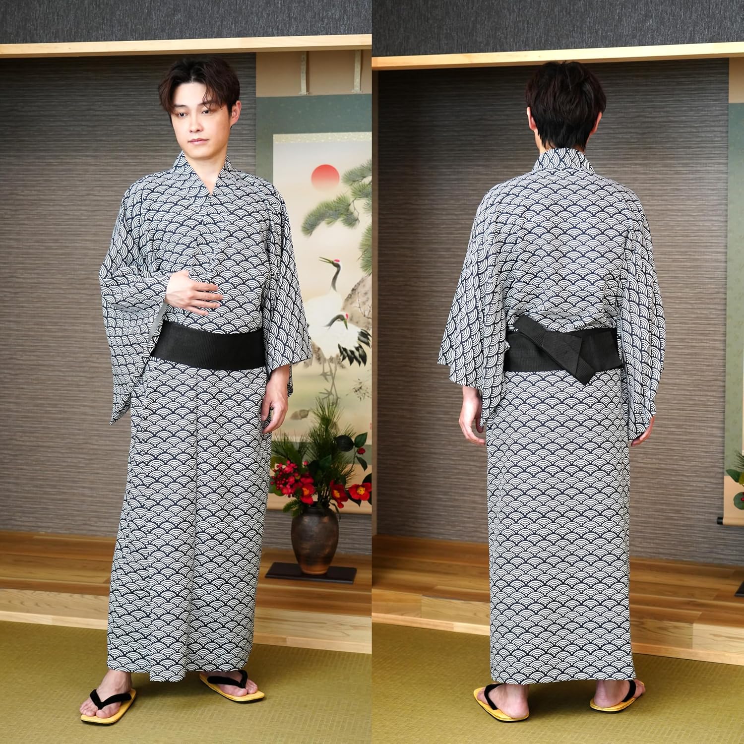 Clear Stone Cosplay, Halloween, Men's Kimono Set, Blue Sea Wave, Navy