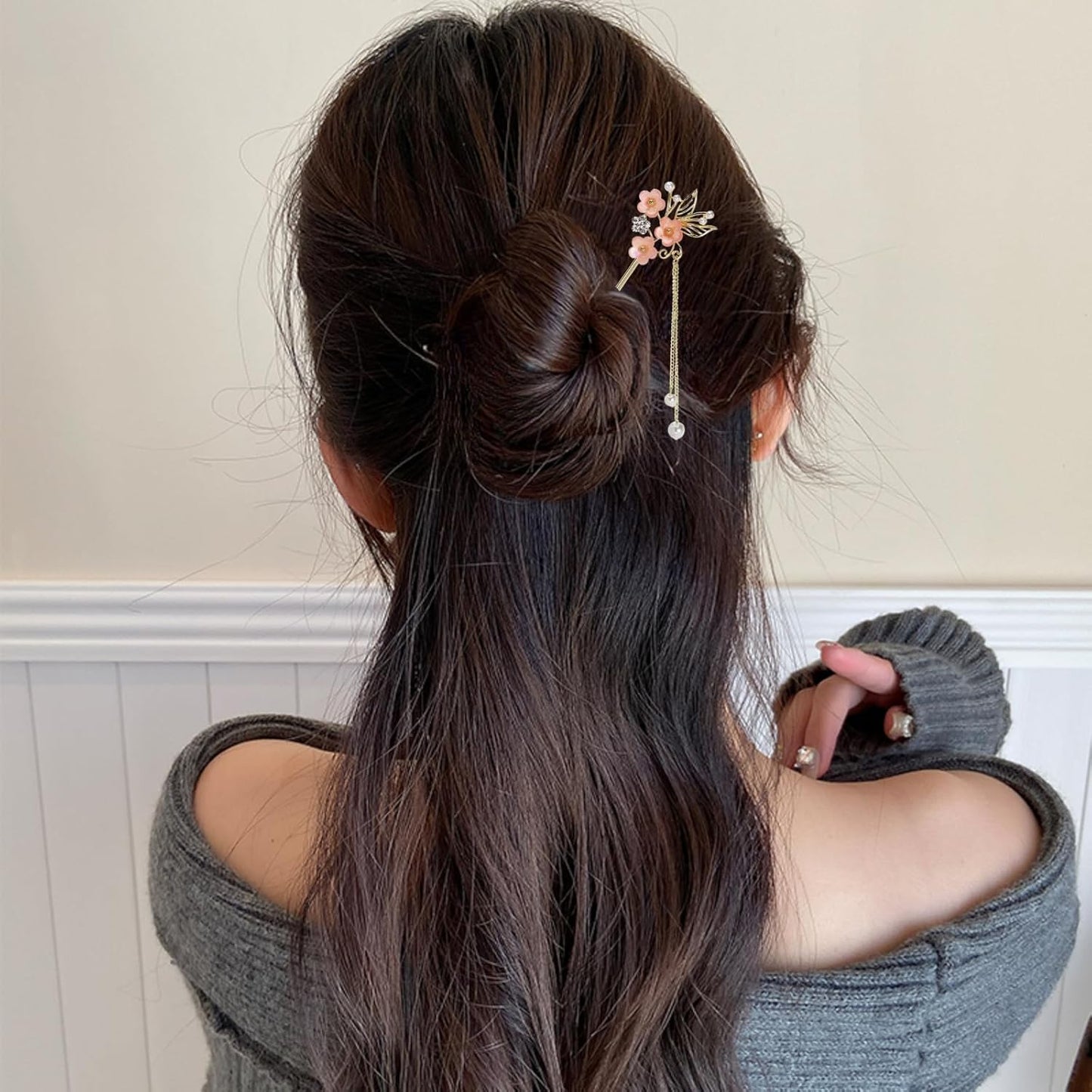 EZ PEACH Cherry Blossom Flower Pearl Hairpin Hair Clip Bangs Hair Closure Kimono Kimono Hair Accessory (Flower 03)