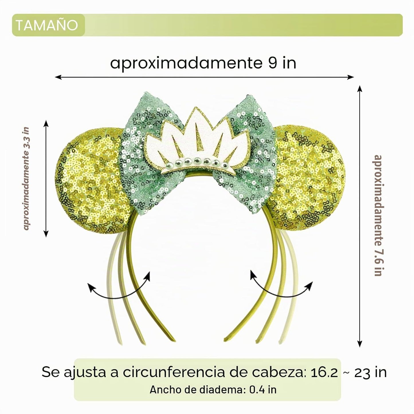 bianbaistar Diadema de orejas de ratón con lentejuelas verdes encantadas con corona de hojas, accesorio inspirado en princesas para parques temáticos y celebraciones reales