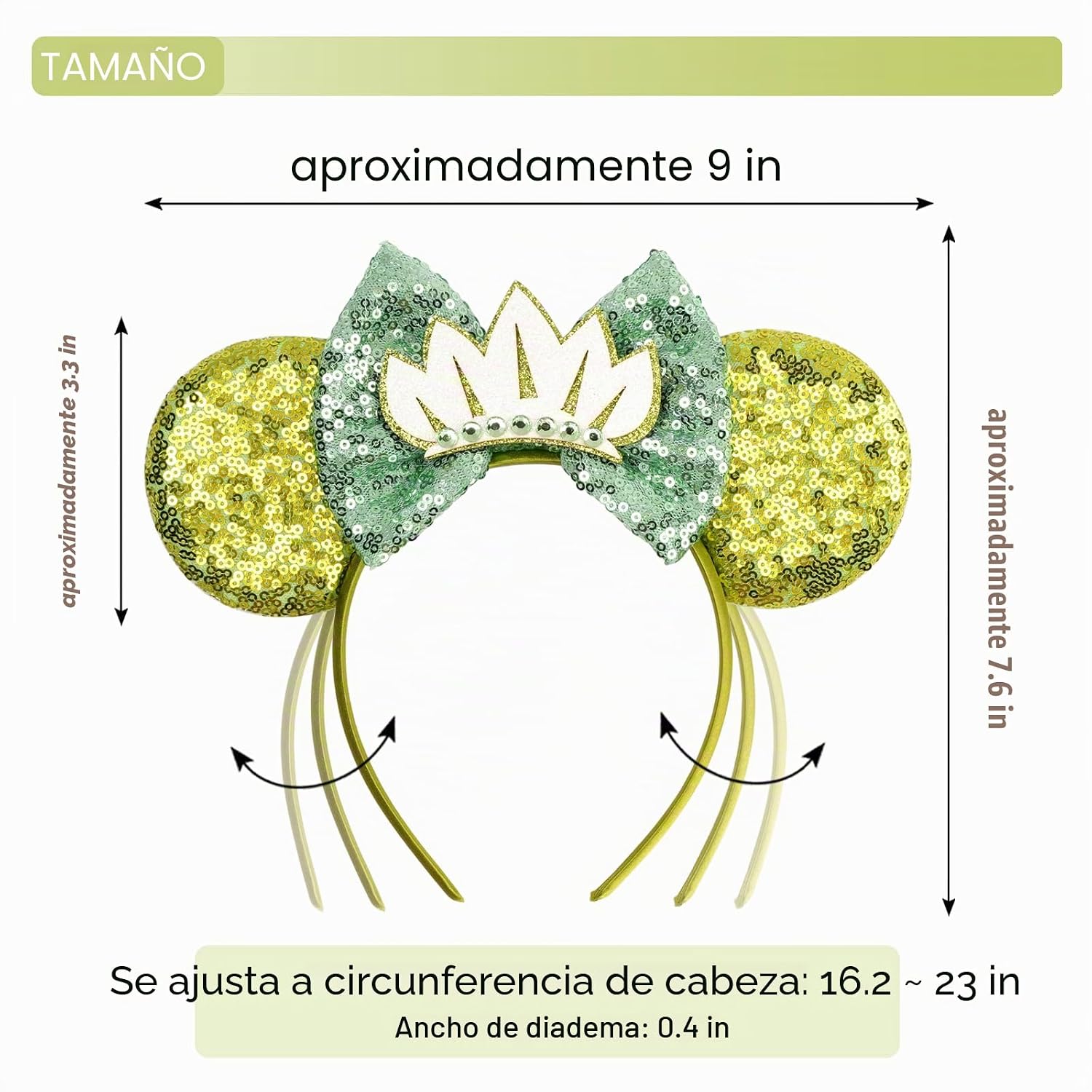 bianbaistar Diadema de orejas de ratón con lentejuelas verdes encantadas con corona de hojas, accesorio inspirado en princesas para parques temáticos y celebraciones reales