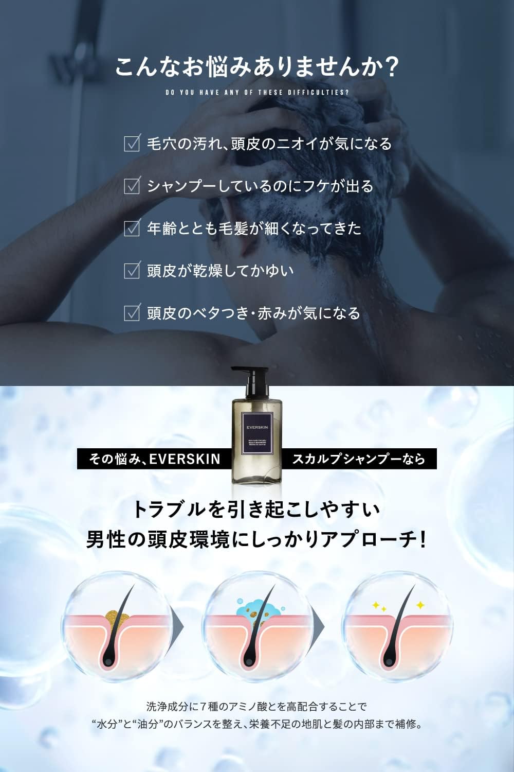 EVERSKIN Thick Foam Scalp Shampoo, Men's, Amino Acid Shampoo, Perfume Shampoo, Organic, Non-Silicone, Gift, Present, 10.1 fl oz (300 ml), Made in Japan