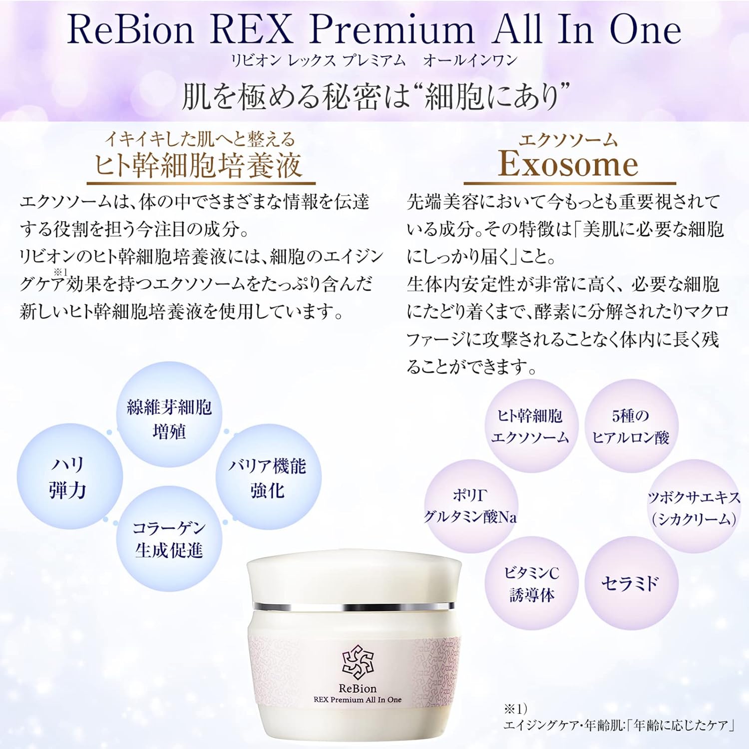 Rex Premium All-in-One Human Stem Cell, Exosome, Hyaluronic Acid, Deer Cream, Vitamin C Derivative, Moisturizing, Pores, Dry Skin, 1.8 oz (50 g)