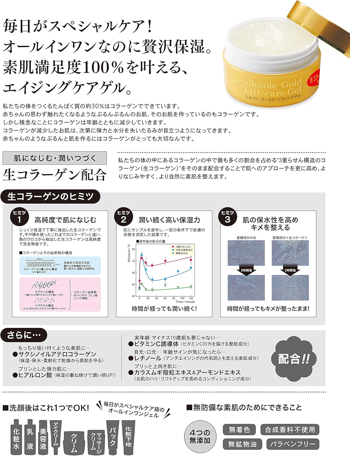 Ellesoie Gold Lift Care Gel, All-in-One for Aged Skin (Refill, 8.5 oz (240 g) + 0.4 oz (10 g) (Portable) Value Value Cost Set