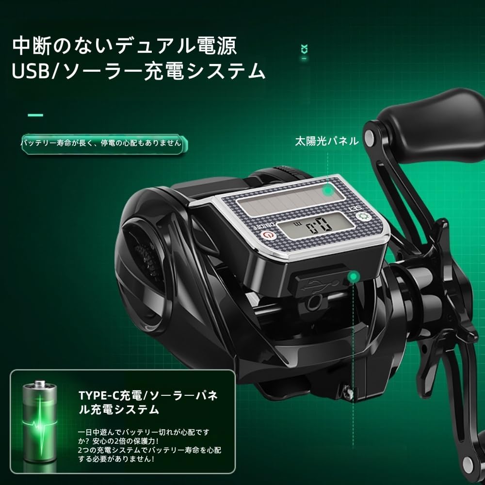 Electric Bait Fishing Reel, Gear Ratio Digital Fishing Reel, USB and Solar Powered, Accurate Line Counter, Bite Alarm Function, 10 Speed 7:3 Gear Ratio, Strong Magnetic Brake, Super Lug Power