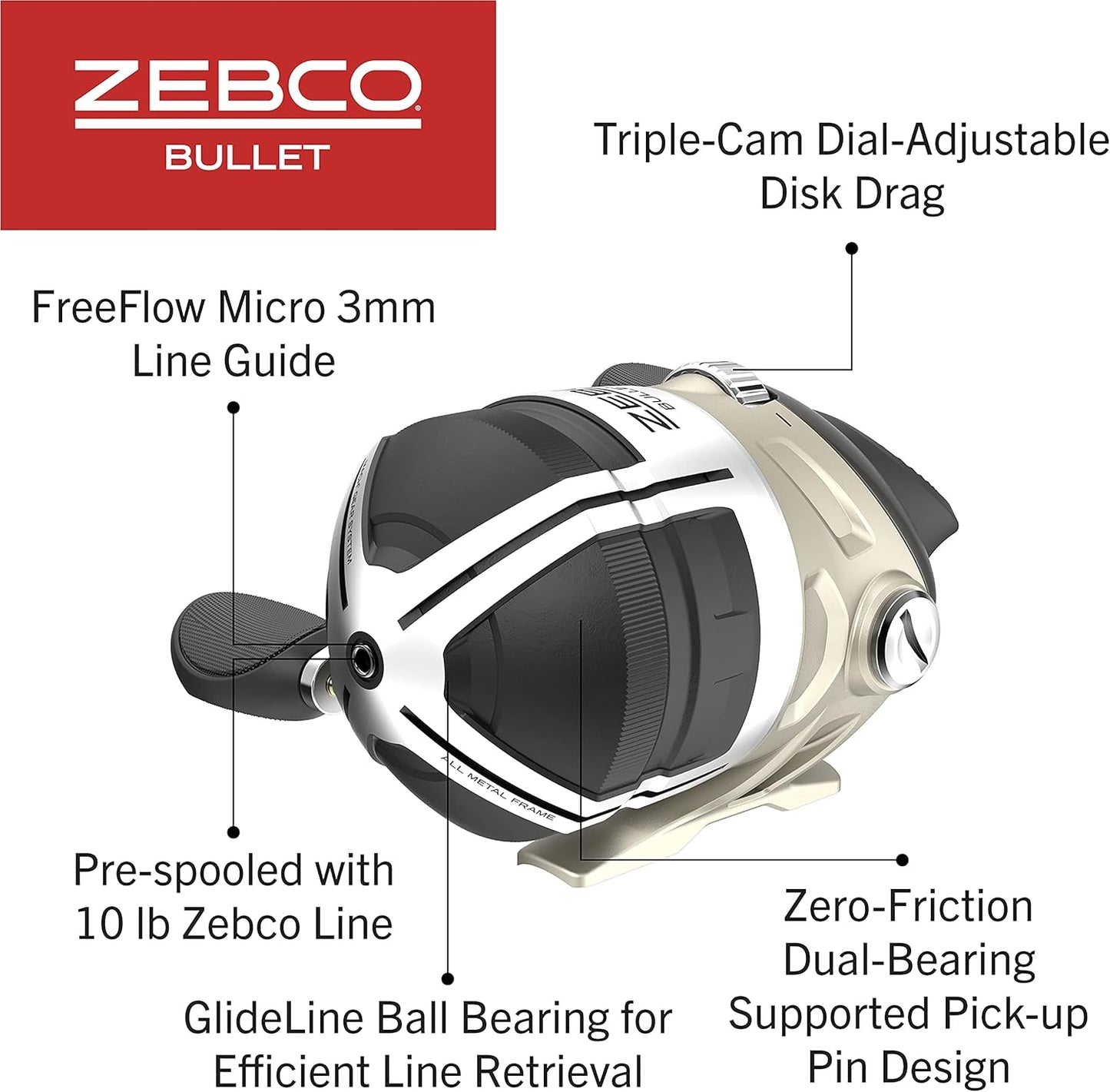 Zebco Bullet MG Spincast Fishing Reel Size 30 Reel Ultra Light Magnesium Body Right or Left Handed Changeable Extra Large Non-Slip Handle Knob Dark Silver Clam Package