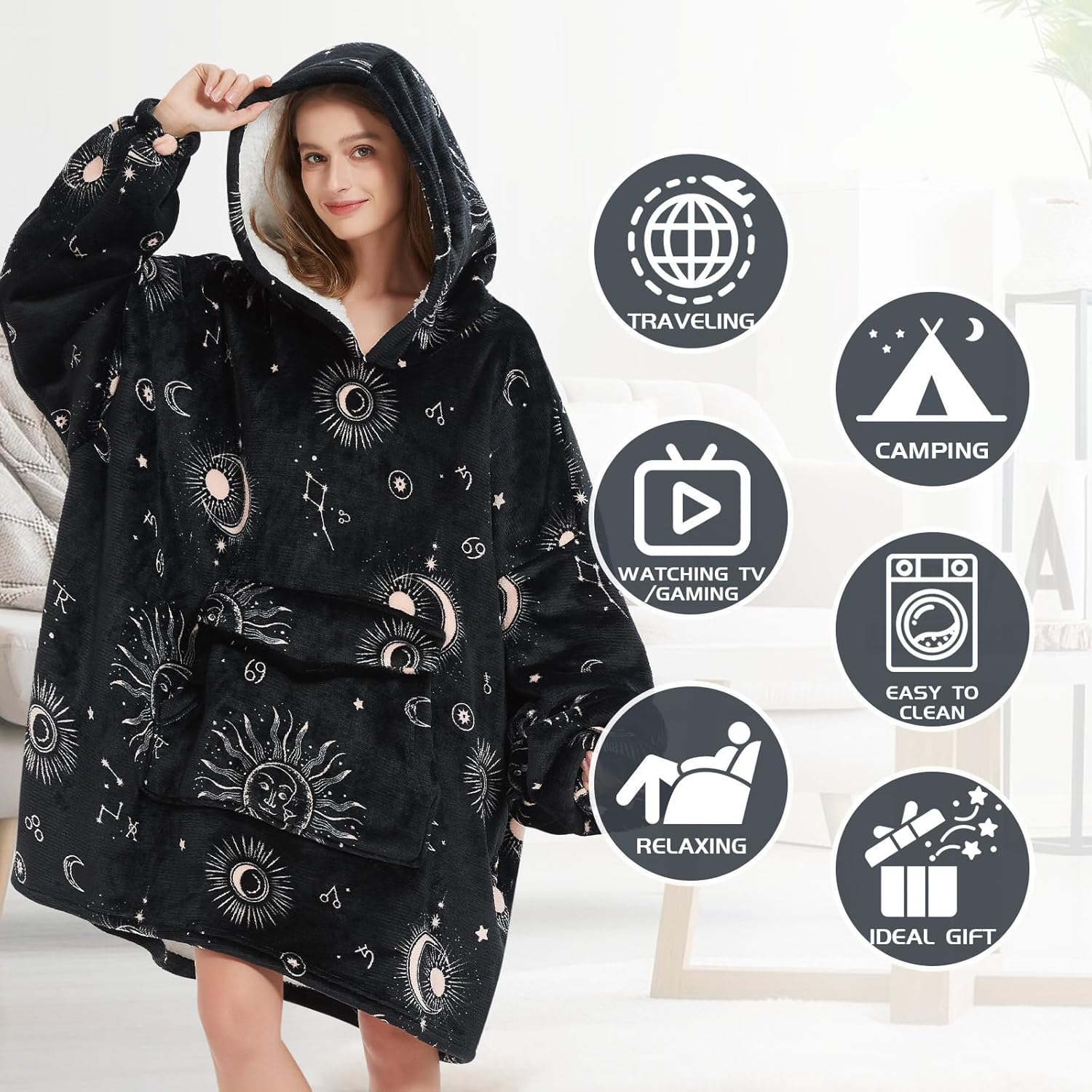 Mewkou - Manta con capucha portátil para adultos, manta con capucha de forro polar sherpa de gran tamaño para mujeres y hombres, Sol y Luna