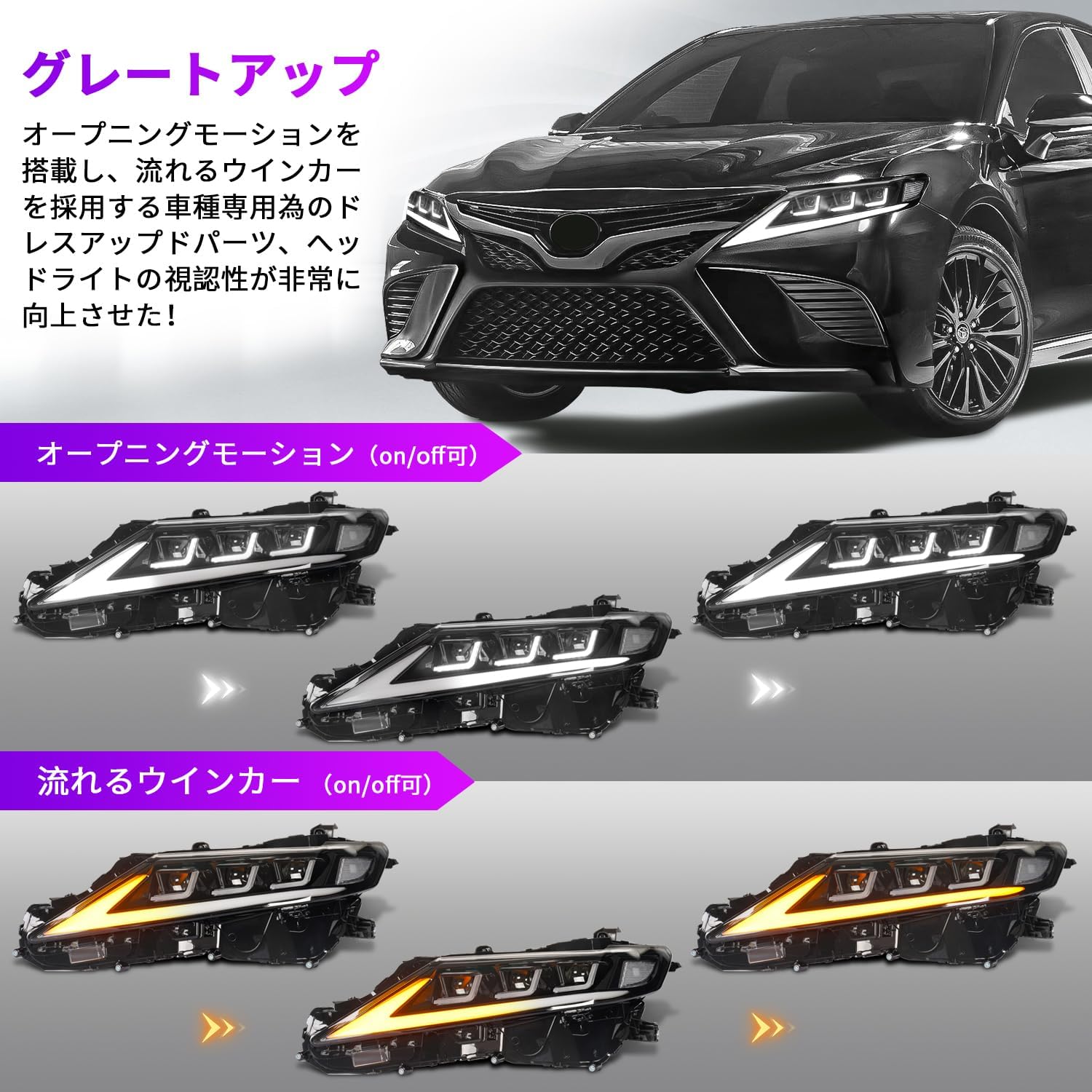 Archaic Camry 70 Series Headlight, 3 Eye Projector, Headlight, Flowing Turn Signals and Opening Motion, Can Be Turned On and Off All LEDs, Genuine Replacement, Pong Included, Set of 2 Left and Right