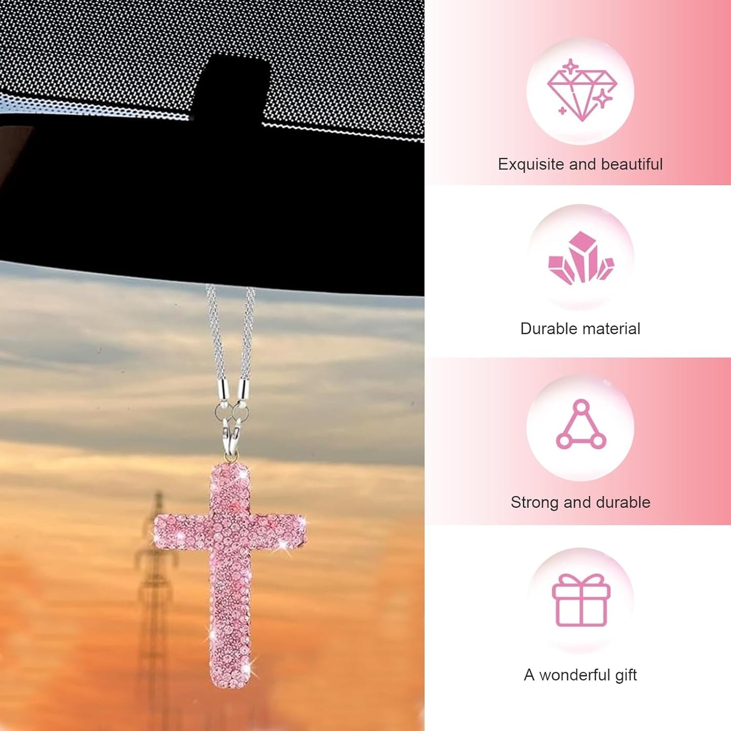 Adorno colgante de cruz brillante para automóvil, colgante de cruz de diamantes de imitación brillantes para espejo retrovisor de automóvil, colgante de decoración de espejo retrovisor de