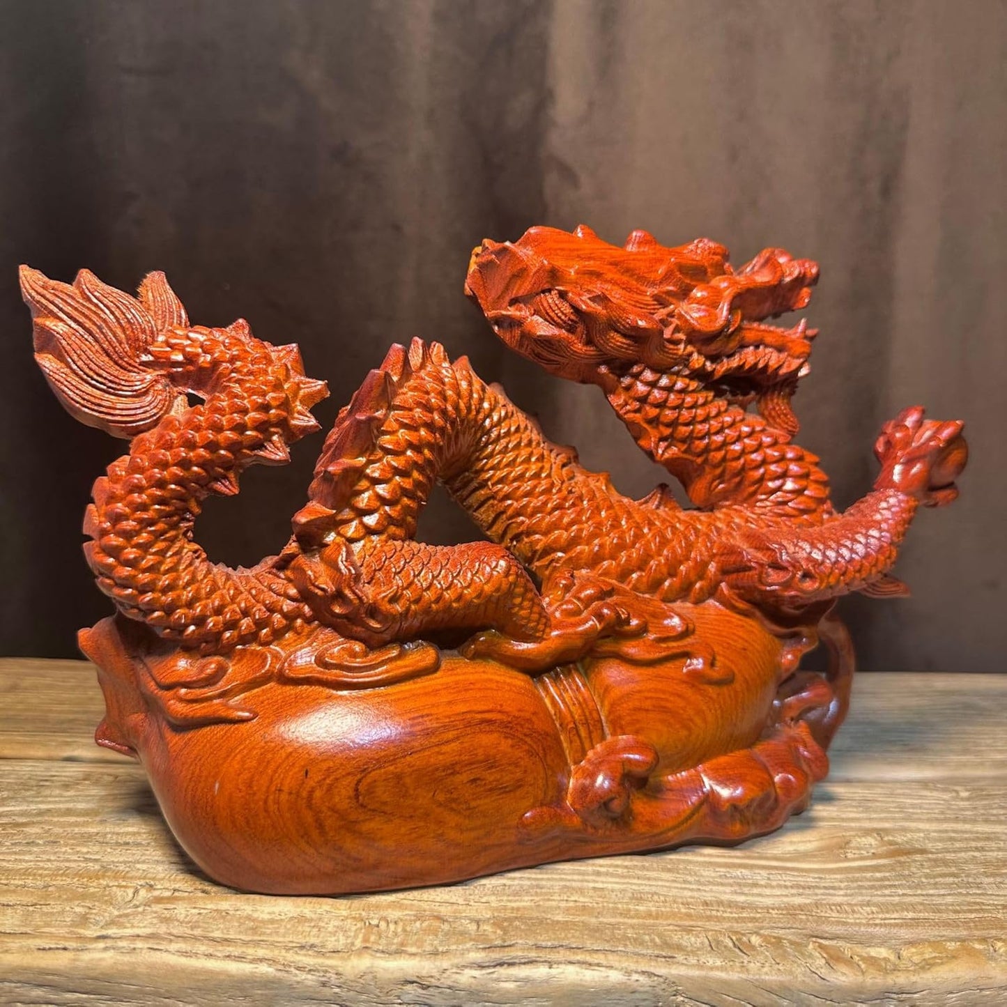 ローズウッド彫刻 龍の飾り 木製 ドラゴン置物 伝統工芸品 (ローズウッド, 長さ8cm)