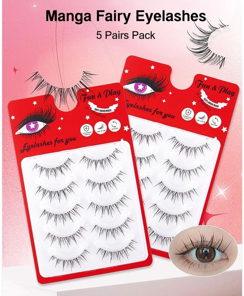 5 Pairs Cartoon Eyelashes Clear Band False Eyelashes Japanese Cosplay Anime Eyelashes Thin Band Thin Eyelash Extensions Looks Like Natural Eyelashes (W31)