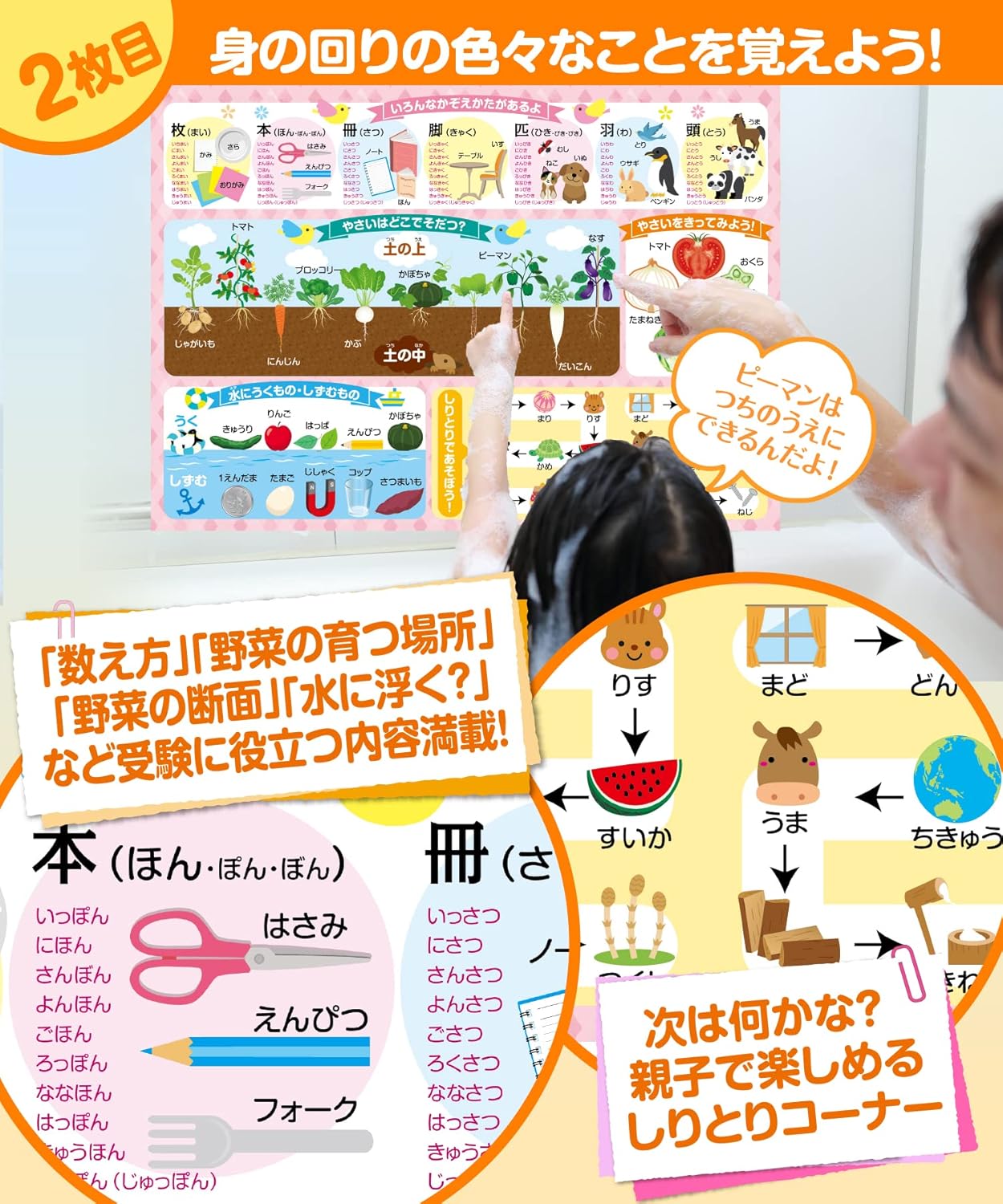 O Furo no Gakkou Elementary School Entrance Exam Preparation Educational Learning Bath Poster 3-Piece Set Made in Japan (Covers Seasonal Flowers, Food, Events, Counting Methods, 24 Solar Terms, and