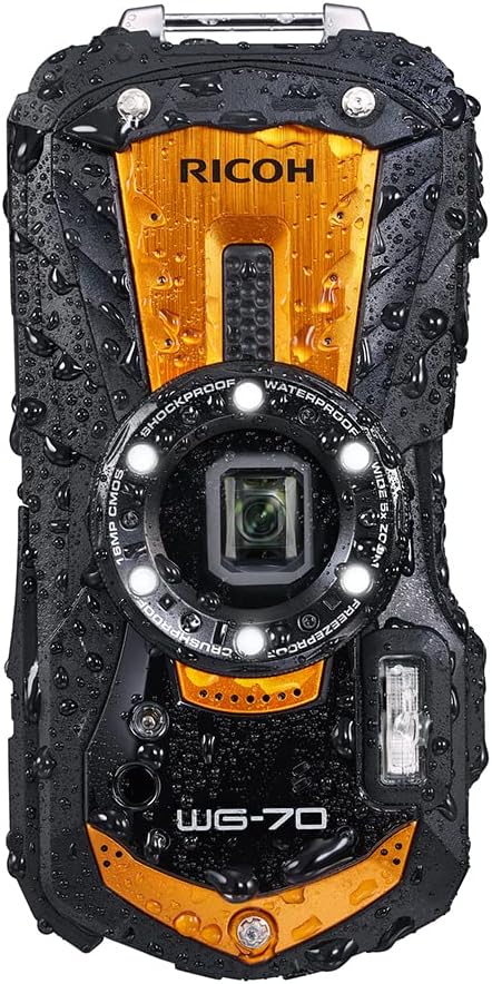 RICOH WG-70 03871 Waterproof Digital Camera, Waterproof to 45.9 Feet (14 m) (2 Hours Continuous), 5.2 Foot (1.6 m) Drop Impact Resistance, Cold Resistant to 14 °F (-10 °C), CALS Mode, Rugged, Orange