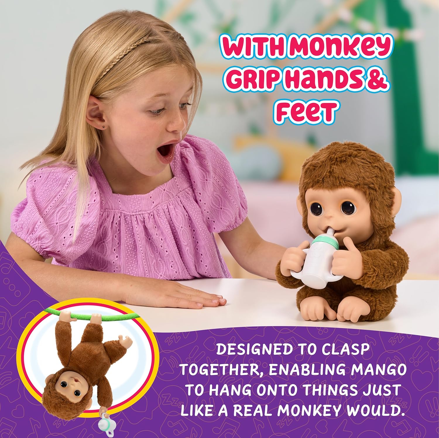 Little Live Pets My Baby Monkey - Adorable pet monkey with over 50 sounds and reactions, expressive moving mouth mango sucks thumbs, feeds from bottles, and dangles from hands and feet!