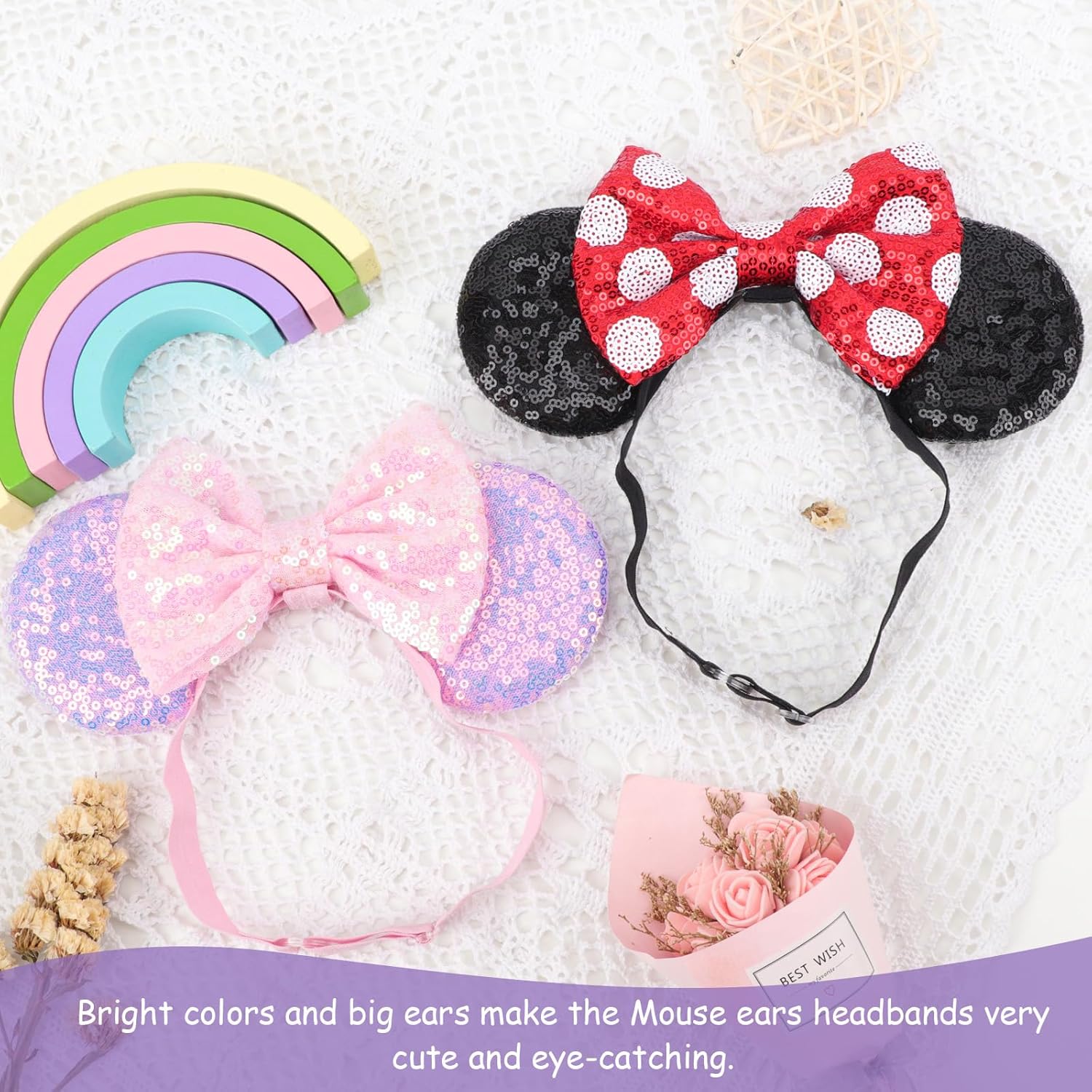 DRESHOW Minnie Ears Headbands Mouse Ears Sequins Bow Headbands Adjustable Elastic Headband Sequins Party Decoration Costume Cosplay for Women