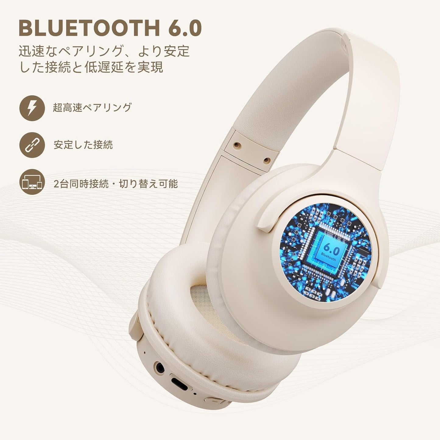 KVIDIO Wireless Headphones, Bluetooth 6.0, 65 Hours Playback, 1.6 inches (40 mm), HD Driver Unit, Over-Ear Headphones, Built-in Mic, Headphones, Wired Wireless, Dual Use, Noise Isolation, Sealed Type