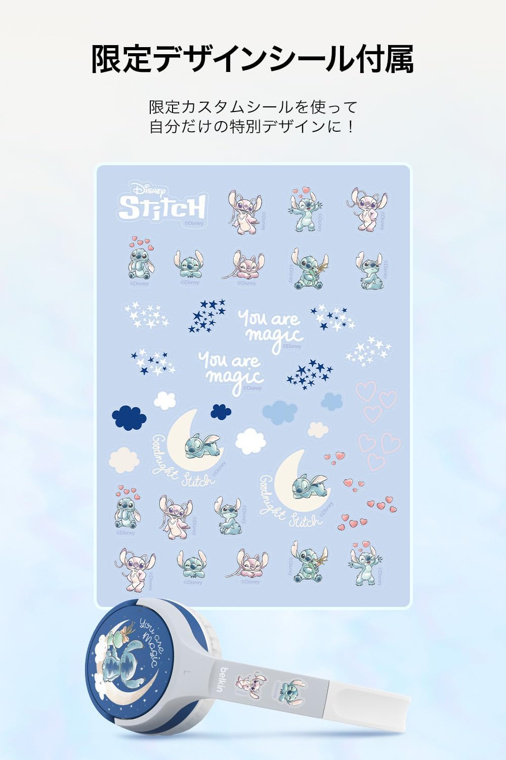 【Disney Stitch】Belkin Kids Wireless Headphones Headset with Call Microphone Volume Limit Function Voice Chat with Microphone Up to 30 Hours Continuous Playback Bluetooth 5.0 Waterproof Compatible with