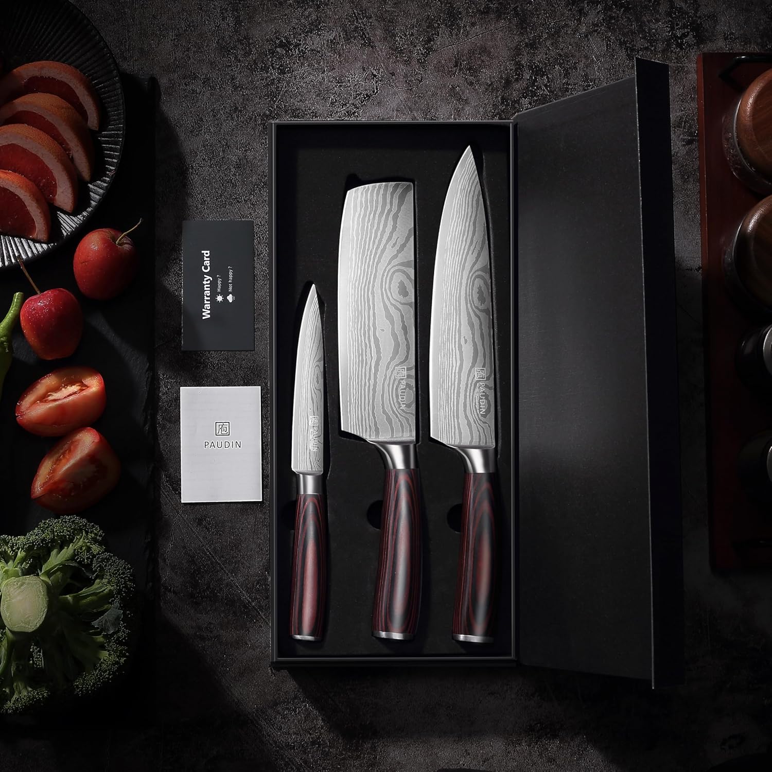 PAUDIN 3-Piece Kitchen Knife Set (Gyuto Katana, Nakiri Knife, Petty Knife) + Kitchen Shears, Disassemble, Cooking Shears, Magnet, Storage Case Included, Dishwasher Safe