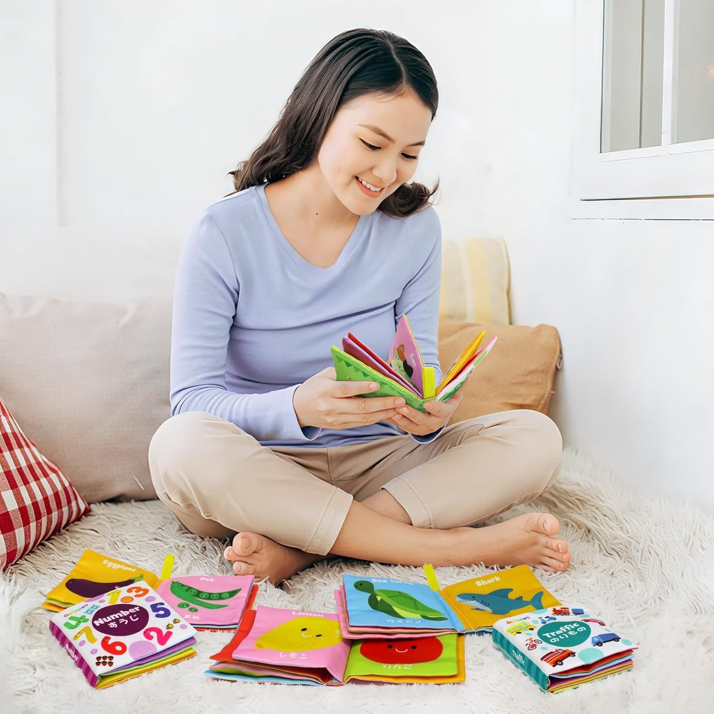 Dr.Rapeti Cloth Picture Book, Cloth Toy, Japanese and English, Bilingual, Set of 6, Crinkle Sound, Whistle, Soft, Washable, Safe for Bath, For Children