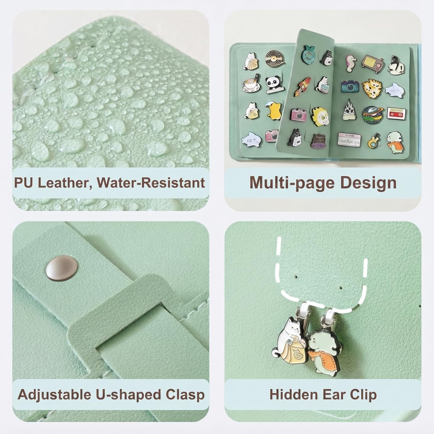 Enamel Pin Display Book Pins Collection Book, Portable PU Leather Trading Folder for Lapel Pins, Compact Enamel Pin Holder Organizer with 4 Pages for Travel (Sage Green)