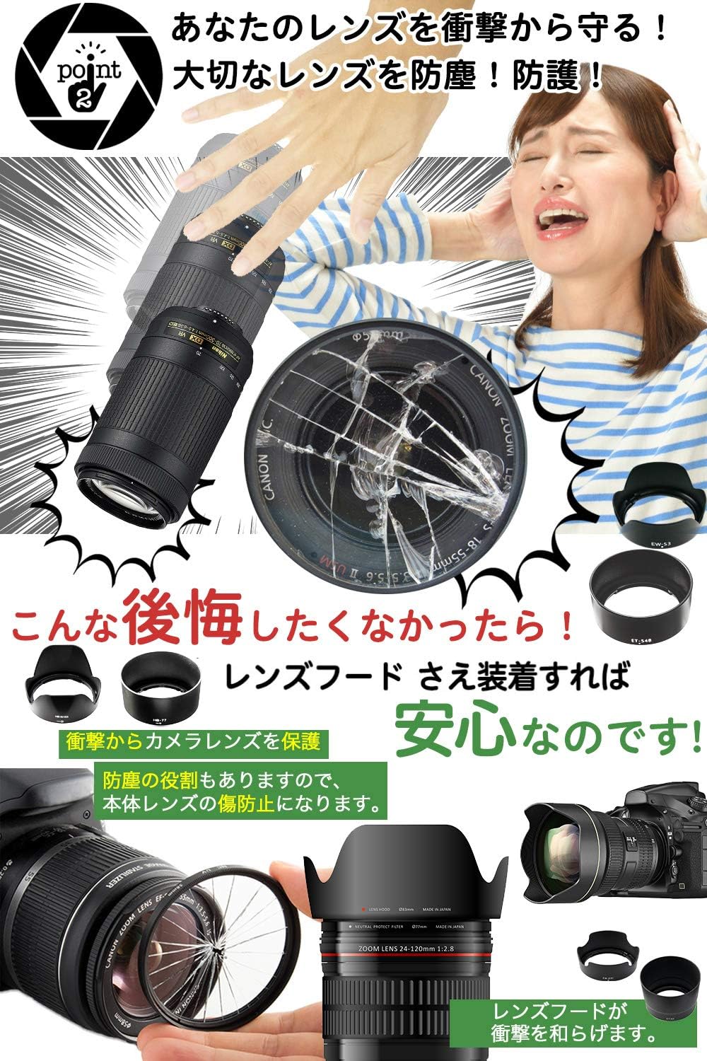 Canon EOS Kiss X9 X10 X9i X8i X7i 9000D 8000D 80D 70D ダブルズームキット 同梱レンズ用 レンズフード2点セット (EW-63C&ET-63) 互換品