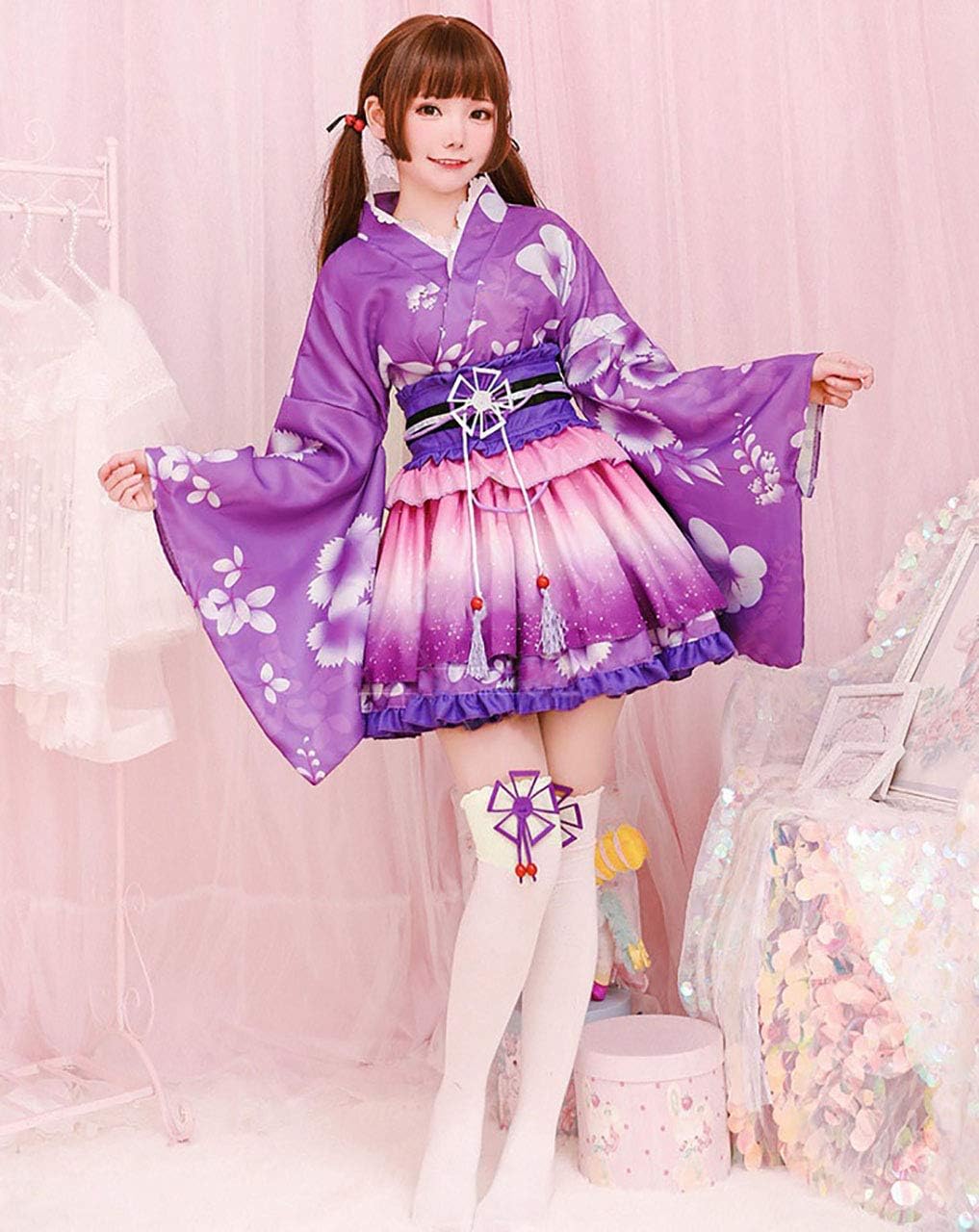 Milky Time Yukata, Japanese Style, Miniskirt, Cute, Cosplay, Halloween Costume Set, Summer Festival, Oiran (Purple)
