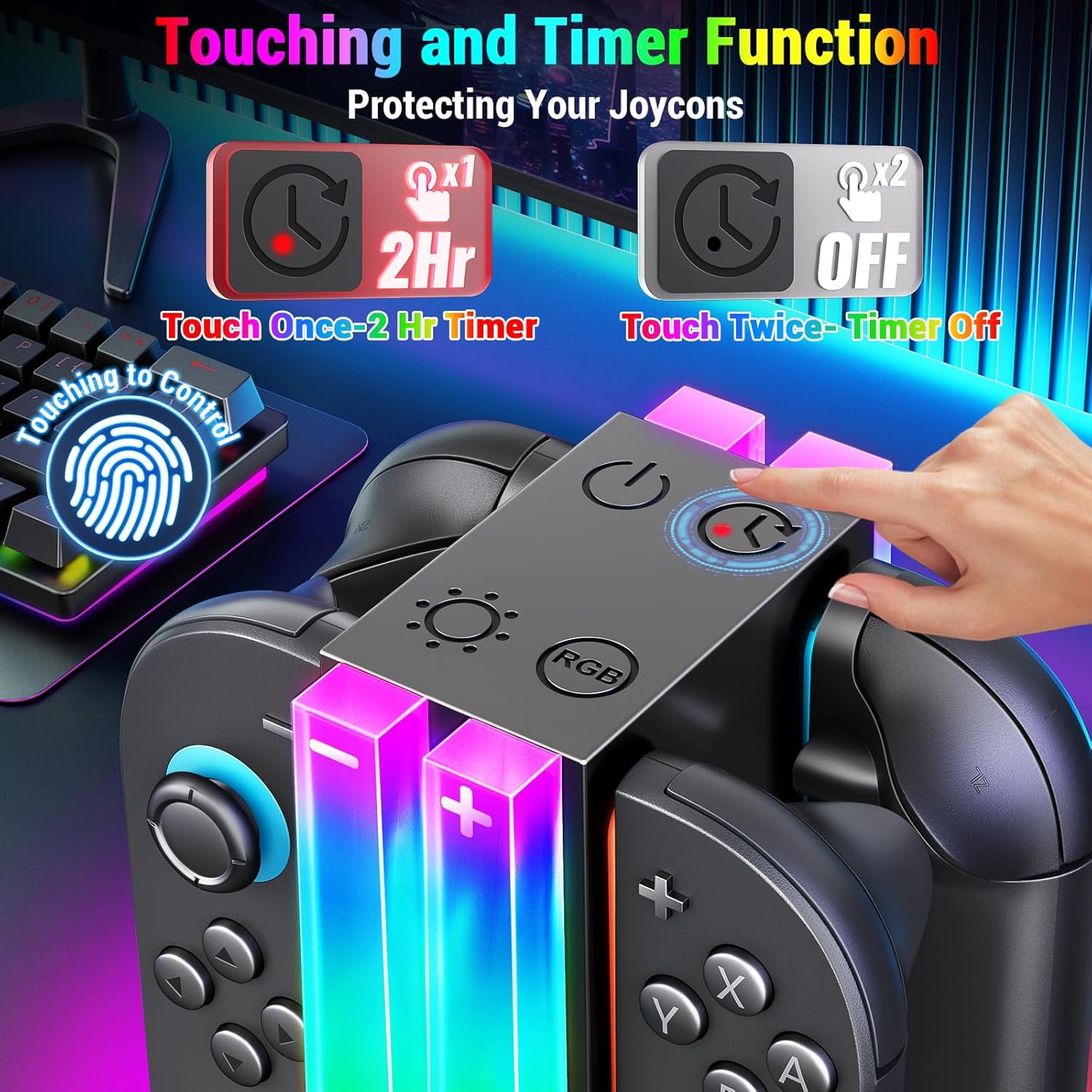 Switch 2 Joicon Charger Stand, RGB Light, 6, Joicon, Switch 2, Timing Function, Overcharge Prevention, USB-C Cable Included, Will Controller, Charger