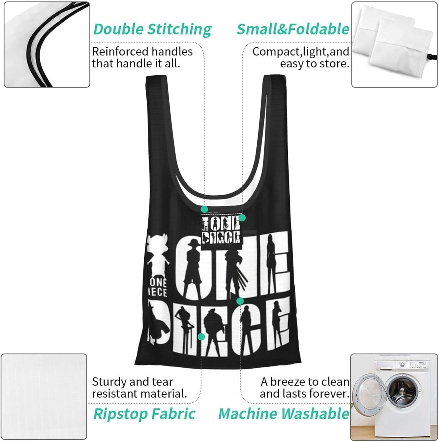 One Piece Eco Bag, Waterproof, Foldable, Tote Bag, Shopping, Waterproof, Material, Lightweight, Large Capacity, Compact, Cute, Stylish, Women's, Popular, Cute, Anime, Character Goods, One Piece,