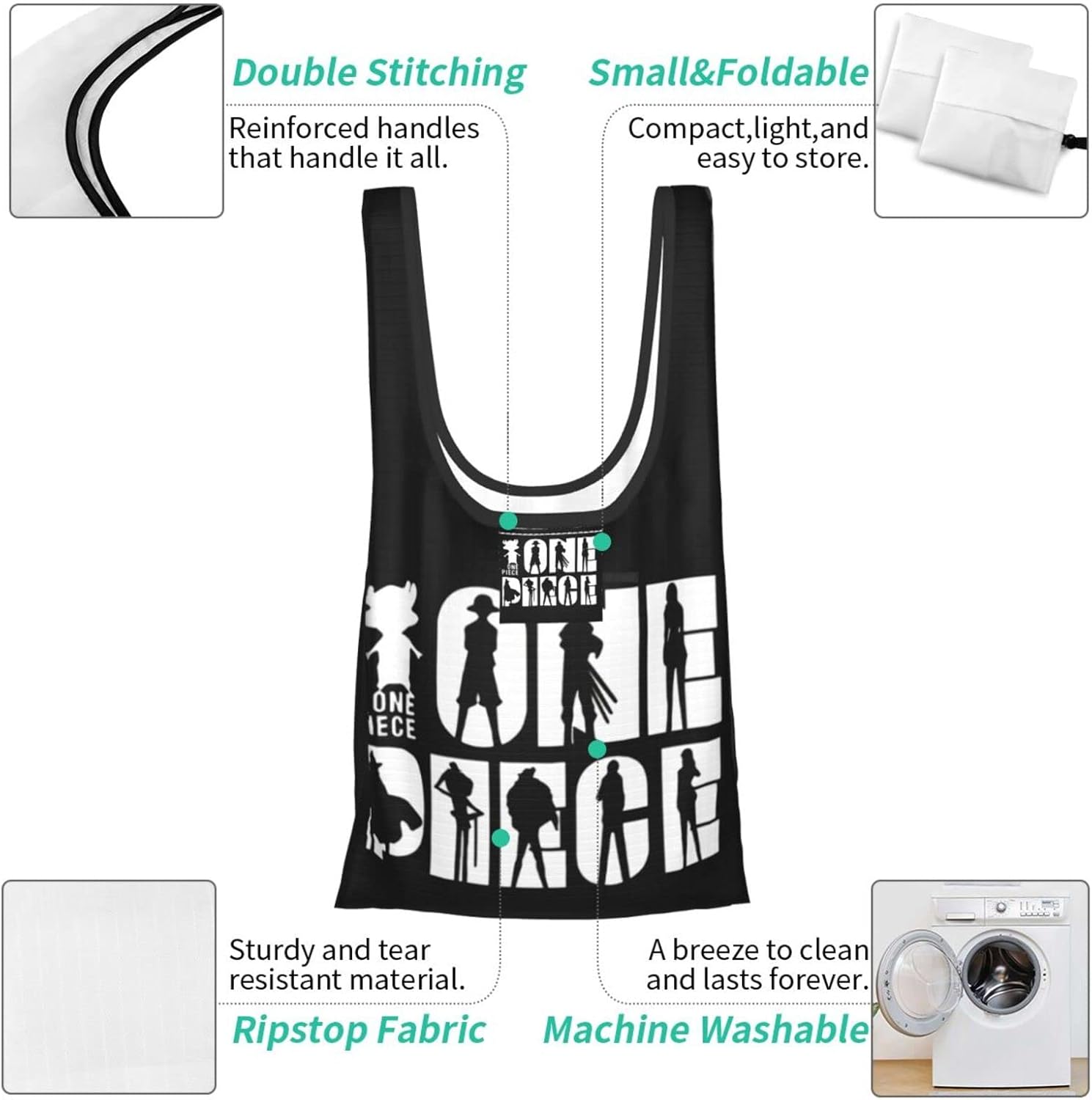 One Piece Eco Bag, Waterproof, Foldable, Tote Bag, Shopping, Waterproof, Material, Lightweight, Large Capacity, Compact, Cute, Stylish, Women's, Popular, Cute, Anime, Character Goods, One Piece,