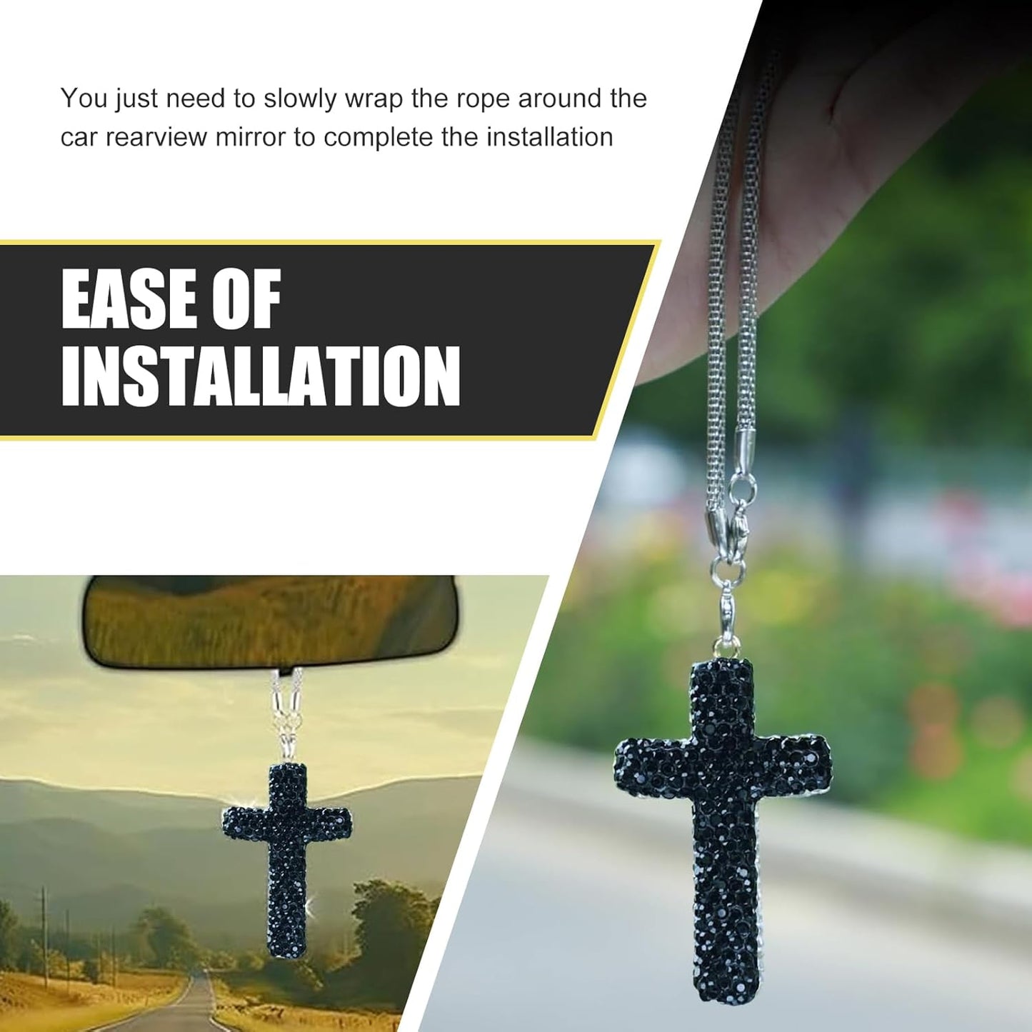 Adorno colgante para automóvil, colgante de fe con cruz brillante, diamantes de imitación incrustados a prueba de óxido, dije de decoración de espejo retrovisor estilo hip hop, accesorio