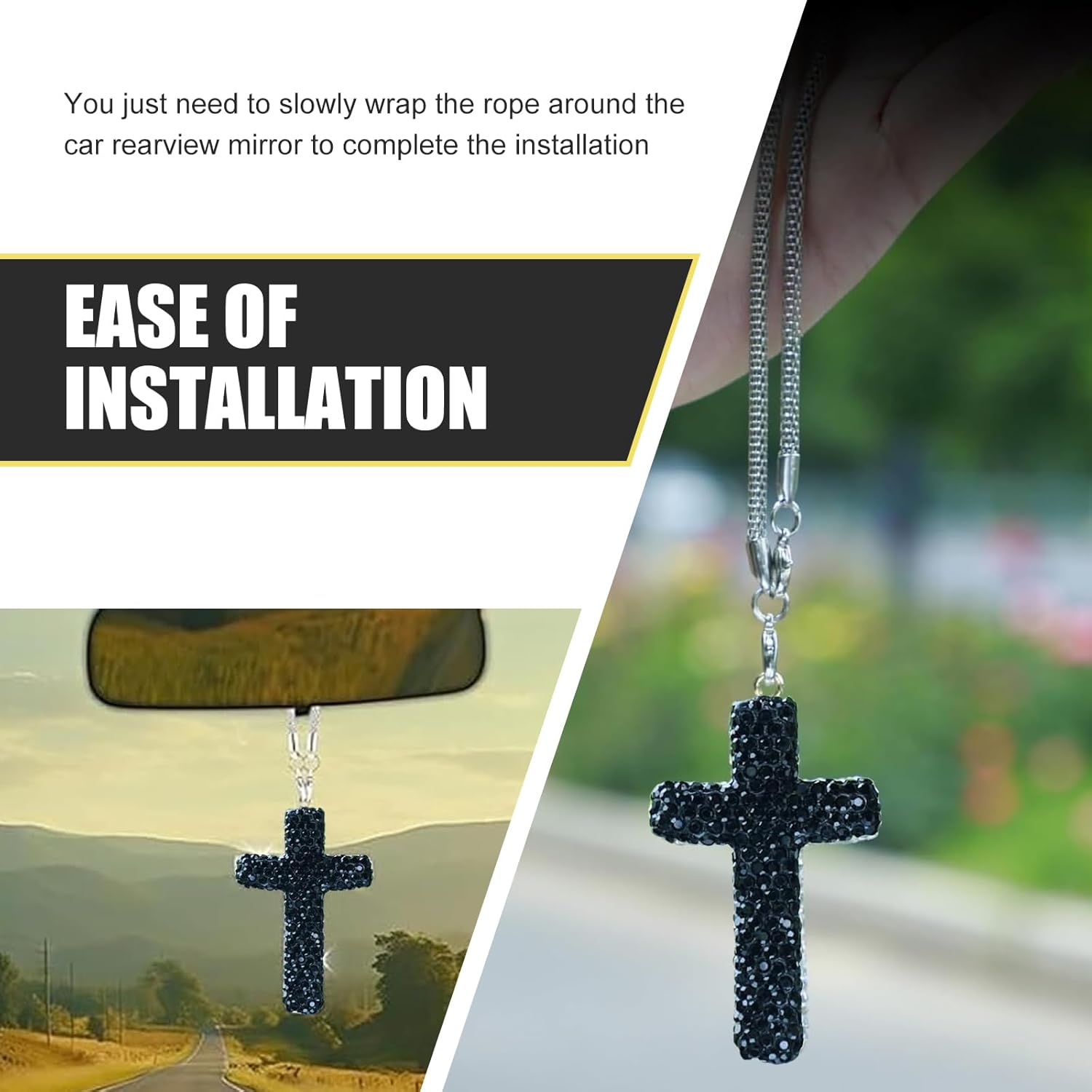 Adorno colgante para automóvil, colgante de fe con cruz brillante, diamantes de imitación incrustados a prueba de óxido, dije de decoración de espejo retrovisor estilo hip hop, accesorio