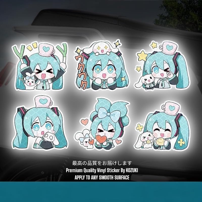 MIKU Car Stickers, 6-Piece Set, Reflective Stickers, Car Stickers, Character Stickers, DIY, Cute, Popular, Decoration, Anime Goods, Waterproof Stickers, Cute Goods, Cars, Car Decoration, Unofficial